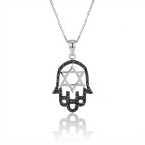 תליון כסף 925 חמסה זרקונים שחורים עם מגן דוד